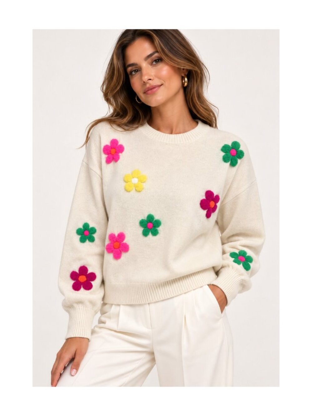 Brodie Cashmere Flower Pop Sweater Womens S Cream Embroidered Flowers Crewneck
